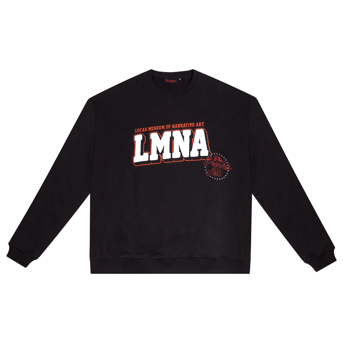 A black crewneck sweatshirt with a graphic on the chest reading 'LMNA' in white with an orange outline, and smaller text above reading 'Lucas Museum of Narrative Art'.