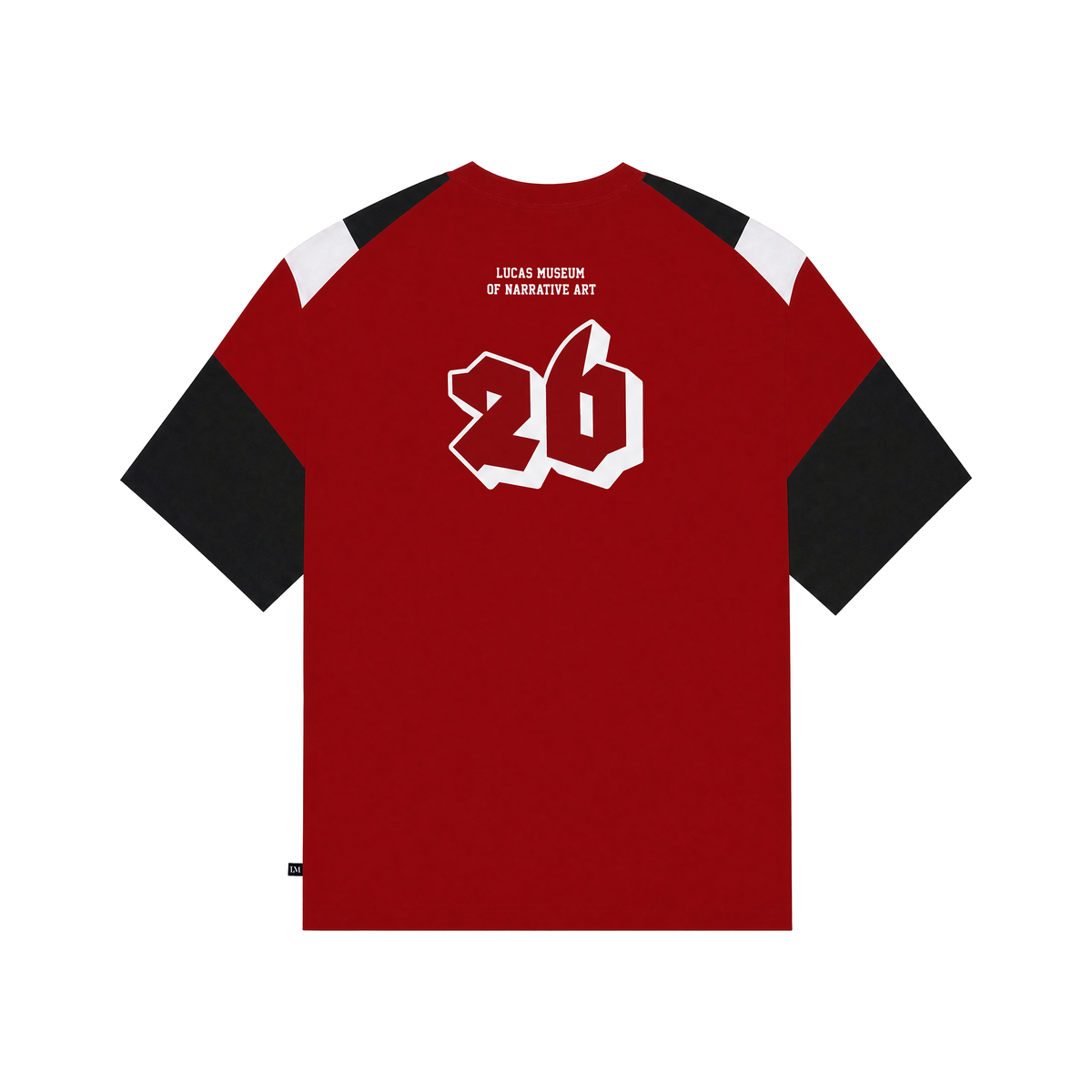 A red short-sleeve t-shirt with black and white color-blocked sleeves and shoulders, featuring a large white '26' graphic on the back and 'LUCAS MUSEUM OF NARRATIVE ART' printed in white above it.
