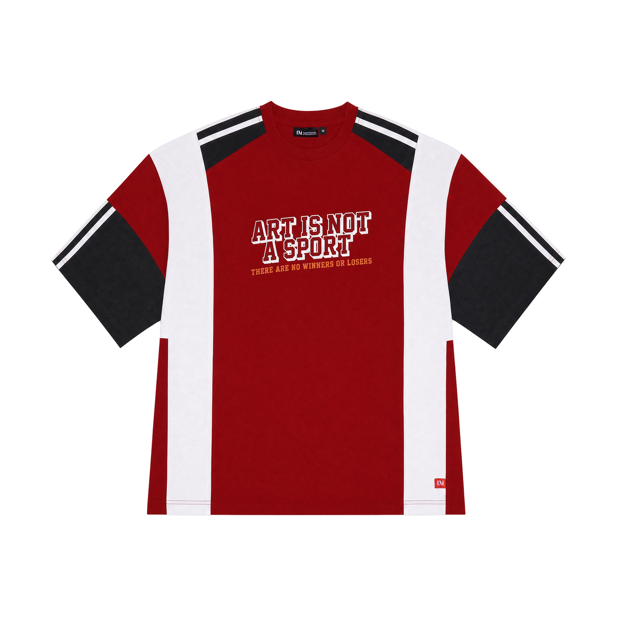 A red short-sleeve t-shirt with white and black color-blocked panels on the shoulders and sleeves, featuring the text 'ART IS NOT A SPORT' in white with a red outline on the chest.