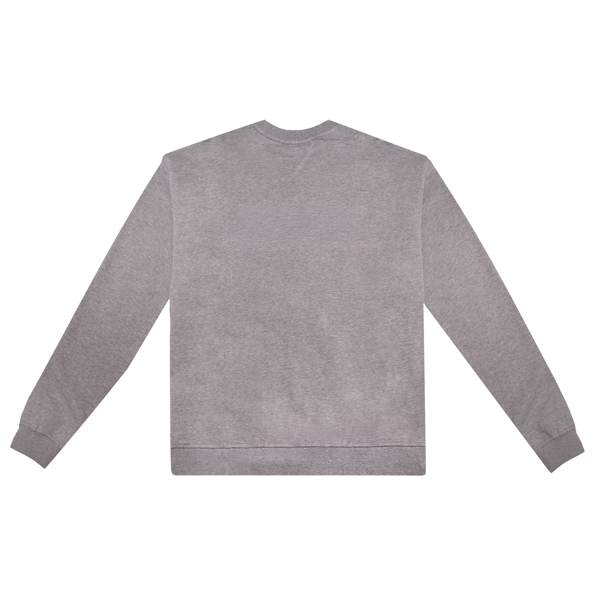 A light gray heather crewneck sweatshirt shown from the back, laid flat against a solid white background.