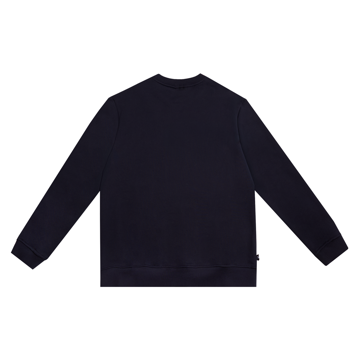 A dark navy blue long-sleeve crewneck sweatshirt shown from the back, laid flat against a solid white background.