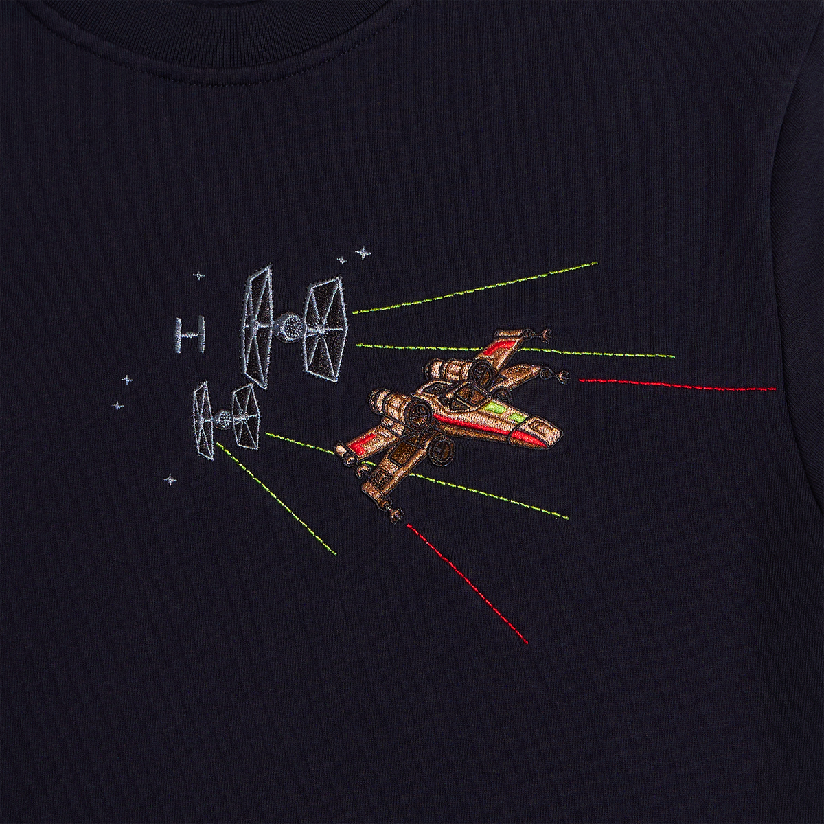 Close-up of a dark navy blue garment featuring an embroidered space-themed graphic with a brown and red spaceship, white TIE fighters, and green and red laser lines.