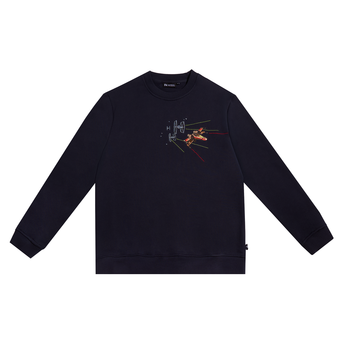 A dark navy crewneck sweatshirt featuring a graphic print of a Star Wars X-Wing fighter on the chest, displayed flat against a solid white background.