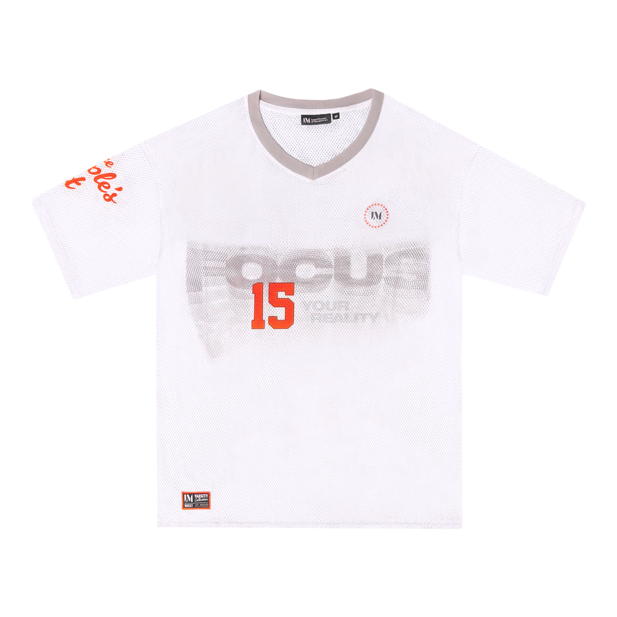 White short-sleeve mesh V-neck T-shirt with a gray ribbed collar, featuring a faded gray “Focus Is Your Reality” graphic on the front and orange script reading “The People’s Art” on the sleeve, shown on a plain background.