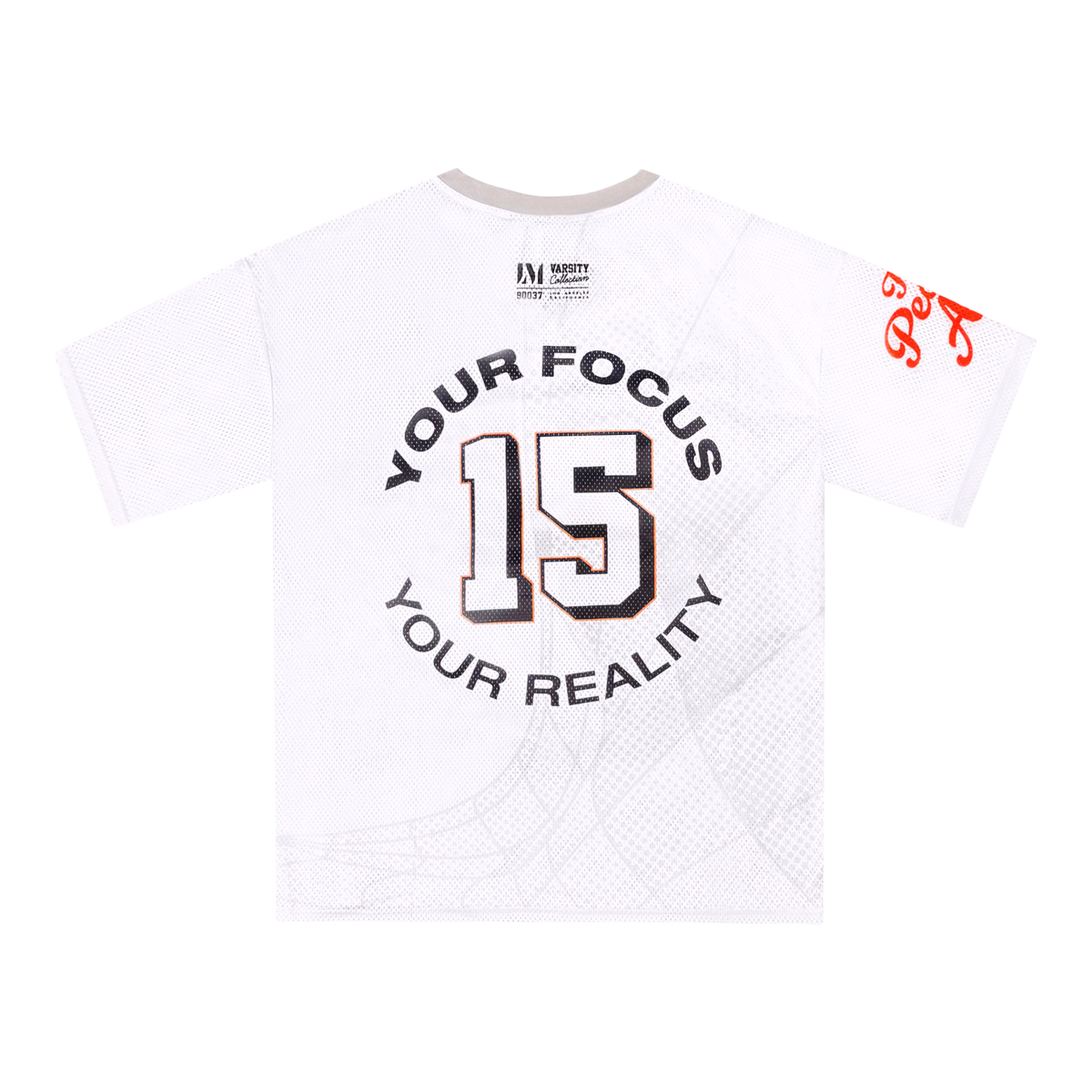 Back of a white short-sleeve mesh V-neck T-shirt with a gray ribbed collar, featuring black “Focus Is Your Reality” text centered on the back and orange script reading “The People’s Art” on the sleeve, shown on a plain background.