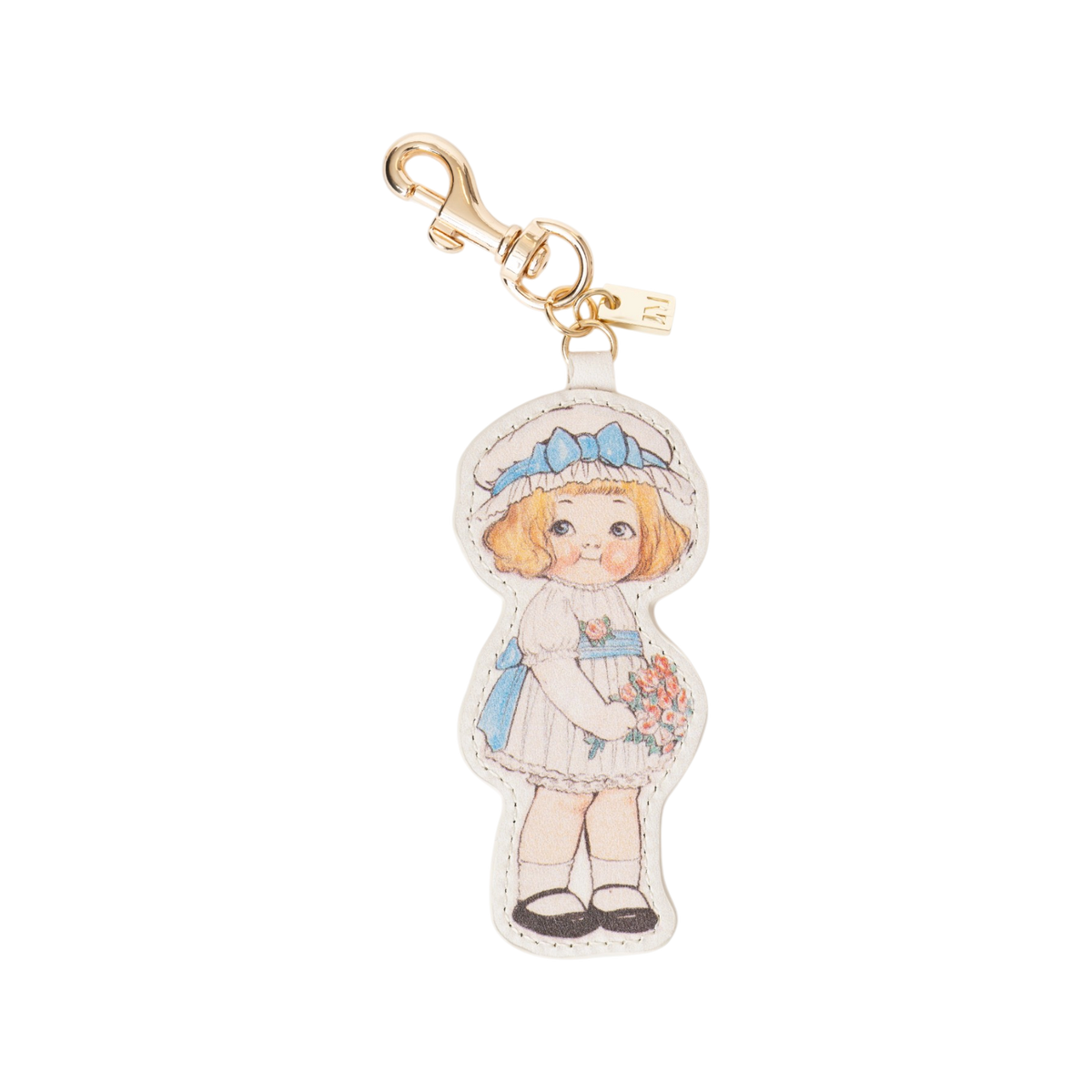 PU leather double-sided bag charm featuring Diana from Grace Drayton’s 1932 Diana & Reggie paper doll illustration, with a metal swivel snap hook and branded metal logo tag.