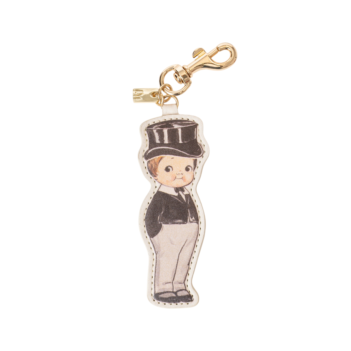 PU leather double-sided bag charm featuring Reggie from Grace Drayton’s 1932 Diana & Reggie paper doll illustration, with a metal swivel snap hook and branded metal logo tag.