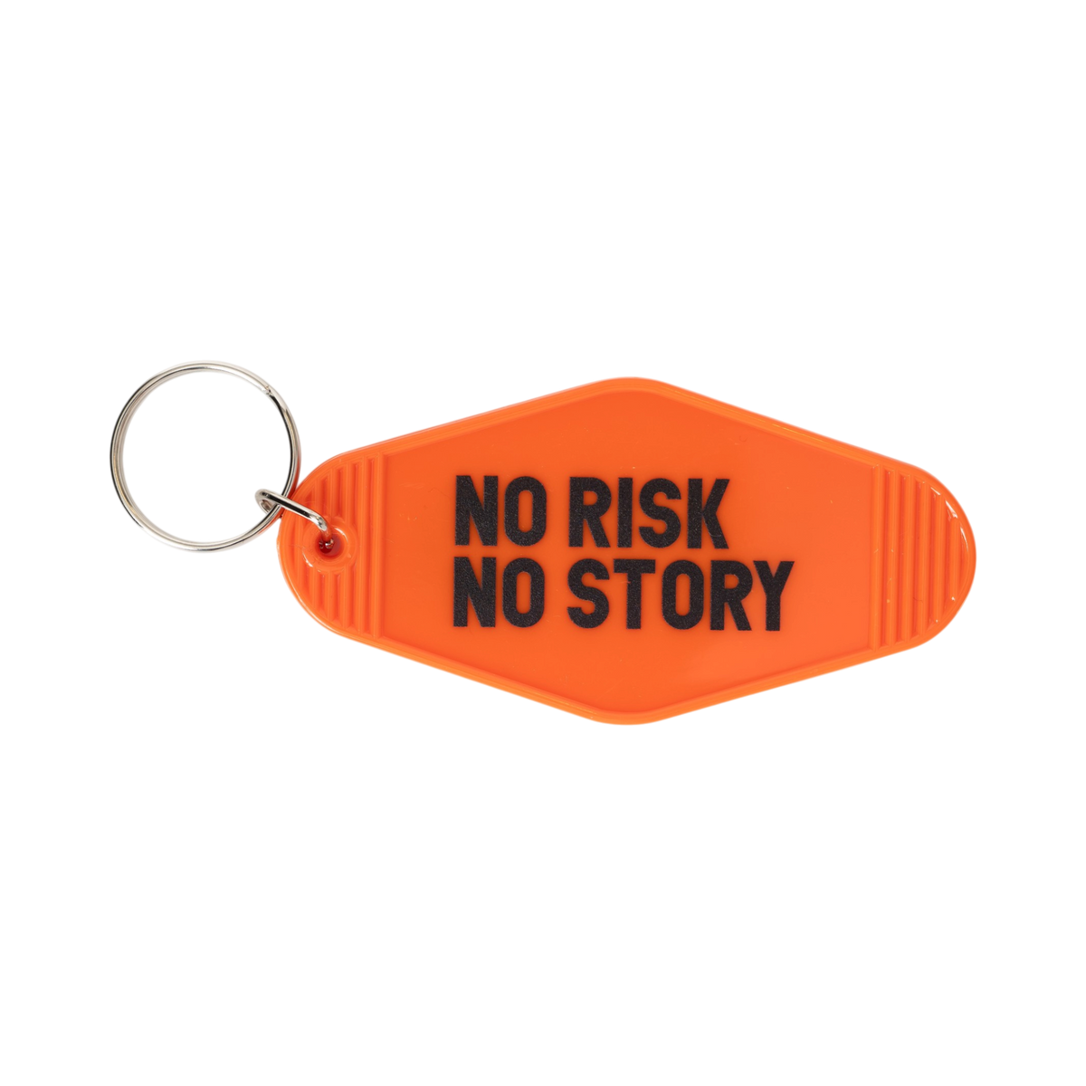 LMNA orange retro motel key tag (3.5" x 1.8") with a silver-tone split ring and bold black text reading "No Risk, No Story."