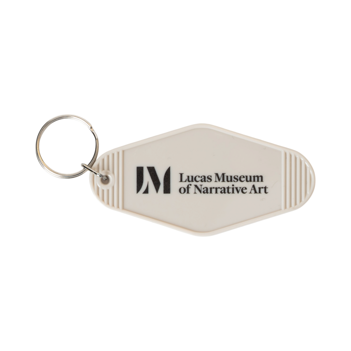 3.5" x 1.8" retro motel key tag in gray, featuring purple “Warrior Princess” text on the front and the Lucas Museum of Narrative Art logo and name on the front, and a silver-tone split ring.