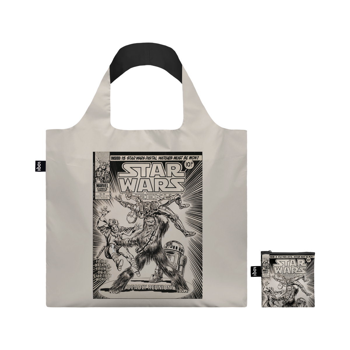 Recycled LOQI tote featuring the cover artwork by Tom Palmer for Star Wars Weekly #26, 1978, featuring the characters Chewbacca, C-3PO, and R2-D2 in a dramatic deadly reunion. This is an official archival comic production proof sheet, complete with hand handwritten archival notations. 
Made from water-resistant 100% recycled taffeta. Measures 50 × 42 cm with a zip pocket.