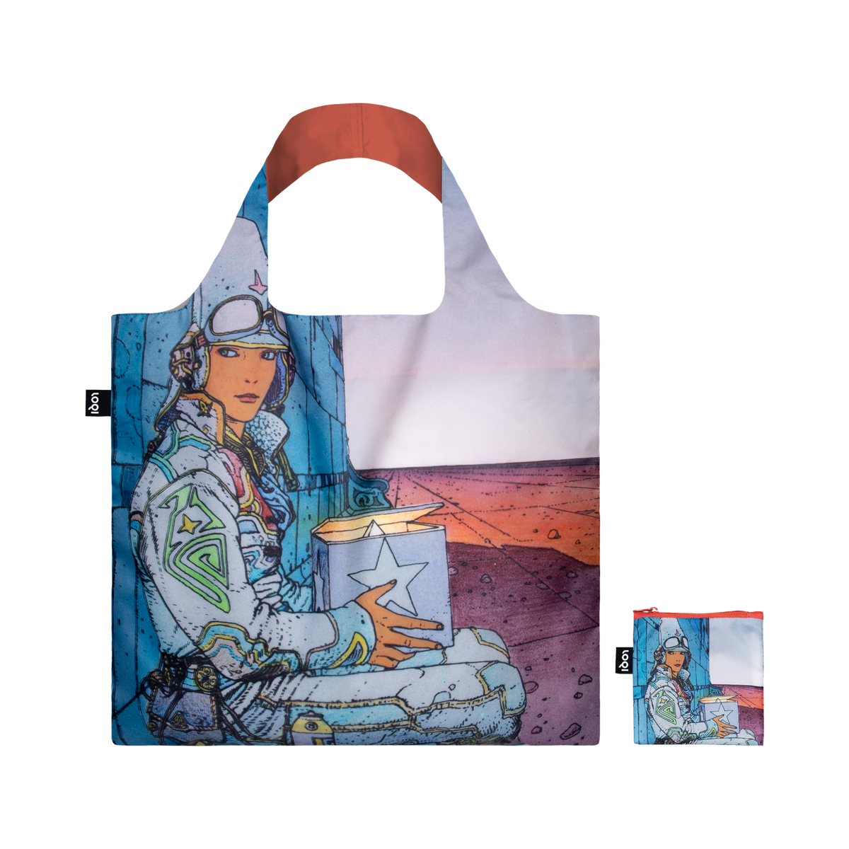 Recycled LOQI tote bag featuring Mœbius (Jean Giraud), Starwatcher II. Made from water-resistant 100% recycled taffeta. Measures 50 × 42 cm with a zip pocket.