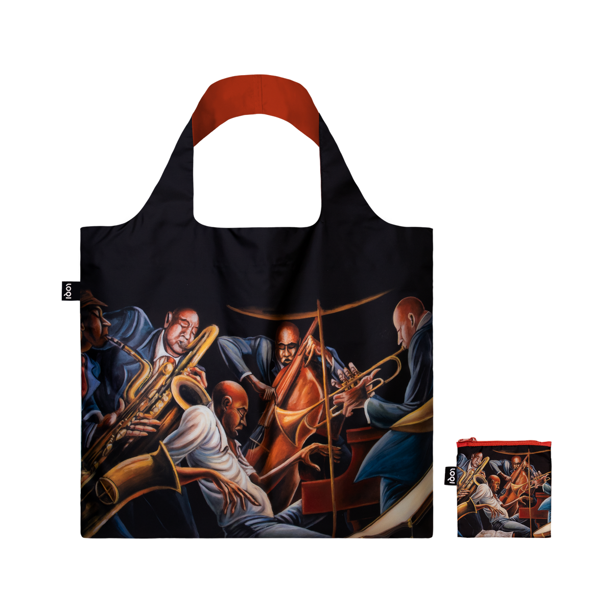 Recycled LOQI tote bag featuring Ernie Barnes, Quintet. Made from water-resistant 100% recycled taffeta. Measures 50 × 42 cm with a zip pocket and carries up to 20 kg.