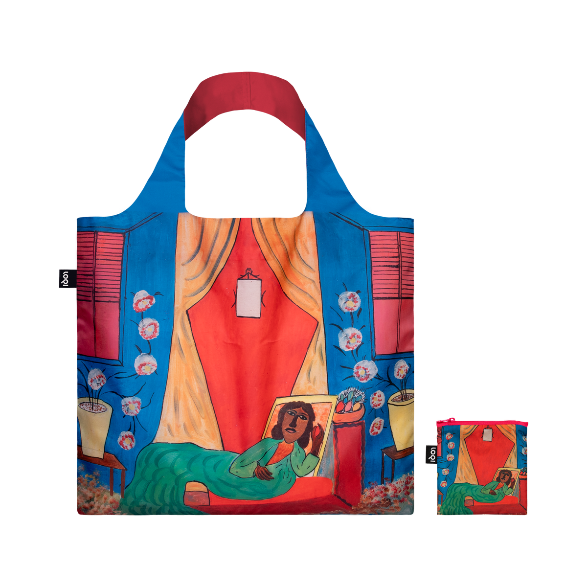 Recycled LOQI tote bag featuring Hector Hyppolite, La Dame en Vert. Made from water-resistant 100% recycled taffeta. Measures 50 × 42 cm with a zip pocket.