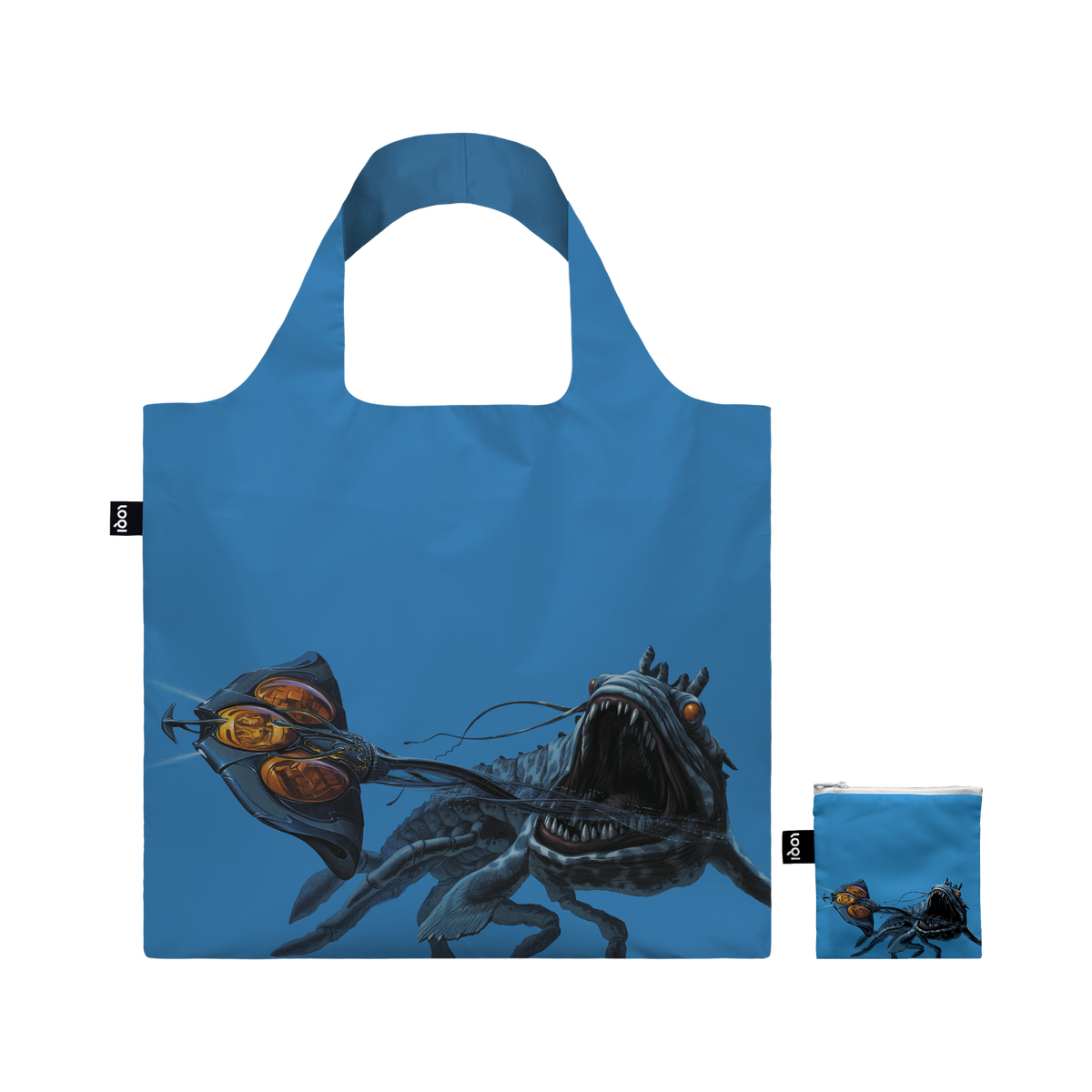 Recycled LOQI tote bag featuring Doug Chiang, Opee Sea Killer. Made from water-resistant 100% recycled taffeta. Measures 50 × 42 cm with a zip pocket.