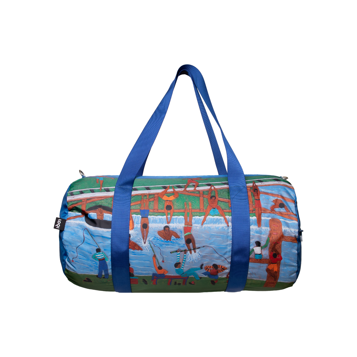 Recycled LOQI weekender bag featuring Winfred Rembert, The Curvey. Made from water-resistant 100% recycled taffeta. Measures 25 × 50 × 25 cm with carry handles, an outside zip pocket and an adjustable removable shoulder strap.