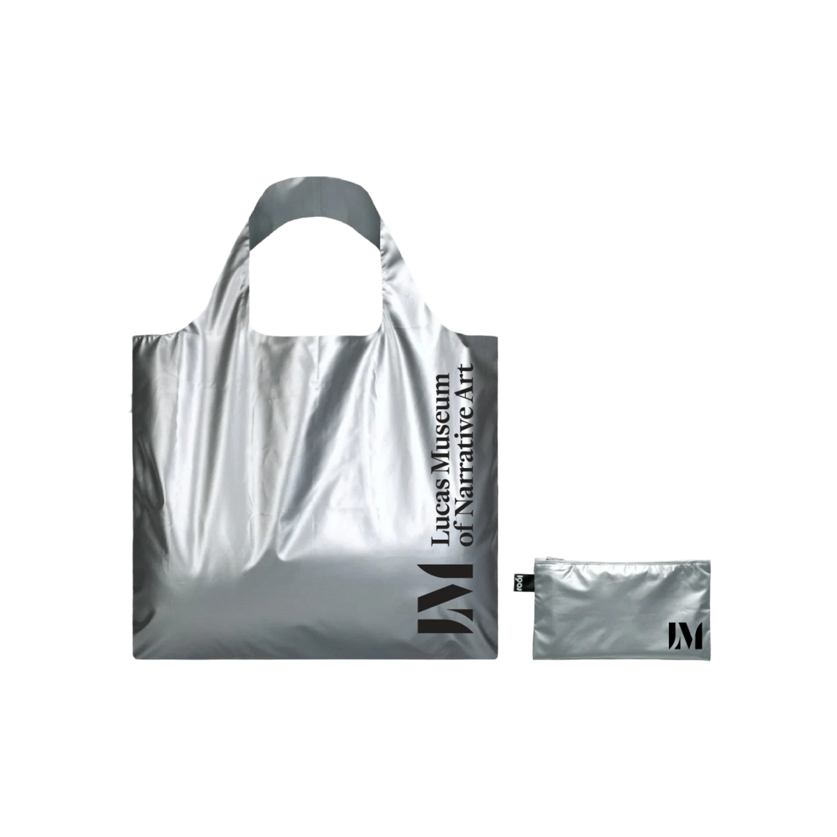 A metallic reusable tote bag with black printed text reading Lucas Museum of Narrative Art and its matching small zip pouch on a plain white background.