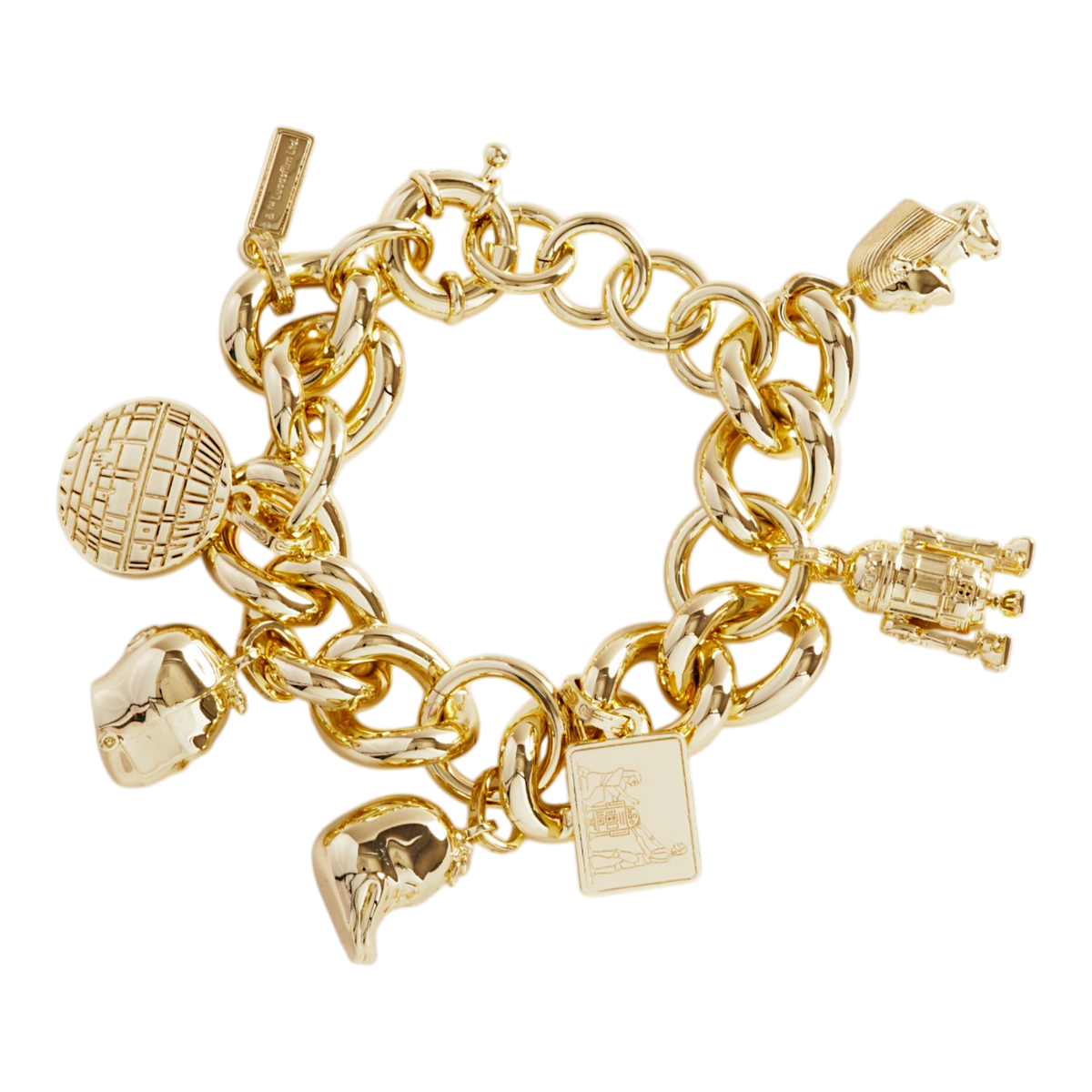 Gold-plated brass, chunky curb-link chain with six sculpted charms: Fertility Idol, engraved stone tablet, R2-D2, Howard the Duck, C-3PO, and Death Star.
