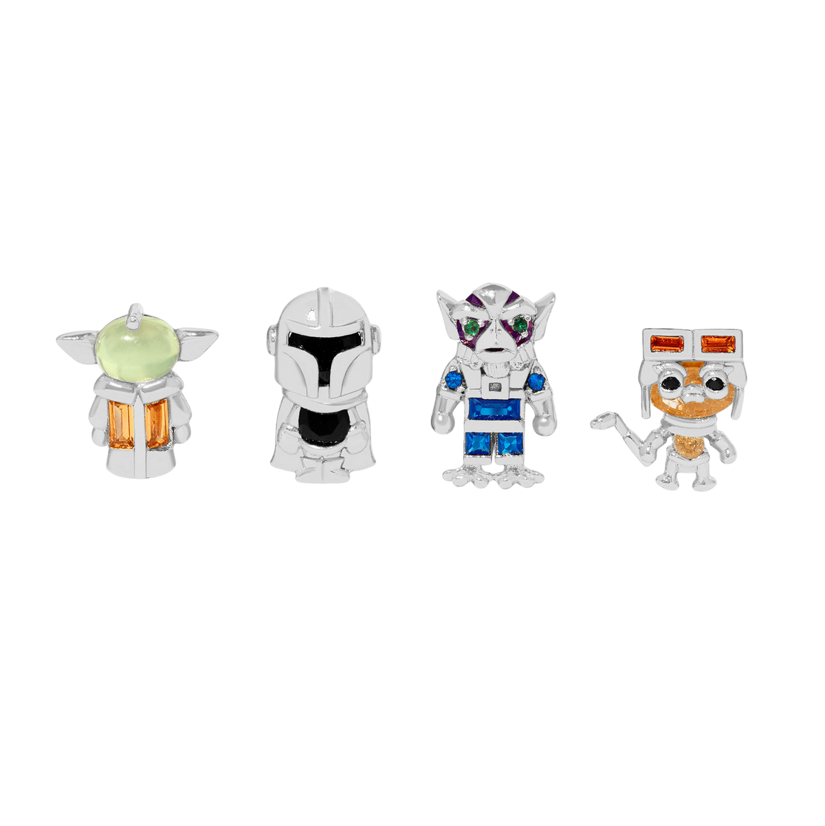Four-piece silver-tone stud earring set featuring character-inspired designs, including Grogu, a Mandalorian helmet, a blue-and-white droid, and a cat-like creature with orange and clear crystal accents, shown on a plain background.