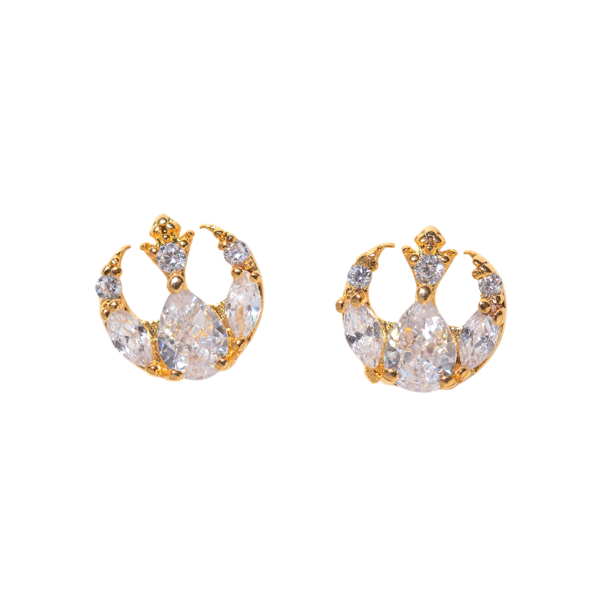 Gold-tone Rebel Alliance insignia stud earrings featuring pear-shaped, marquise-cut, and round clear crystals arranged in the iconic emblem shape, shown on a plain background.