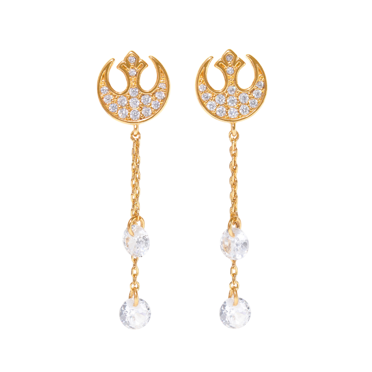 Gold-tone Rebel Alliance insignia dangle earrings featuring clear crystal pavé accents and suspended round crystal charms, shown on a plain background.