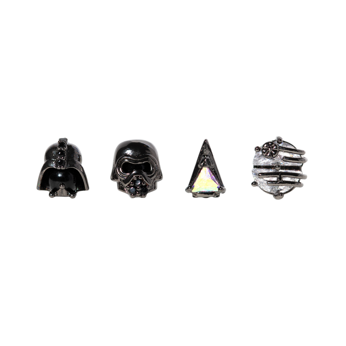 Four-piece gunmetal-tone stud earring set featuring villain-inspired helmet motifs, a starship design, and an iridescent triangular crystal stud, shown on a plain background.