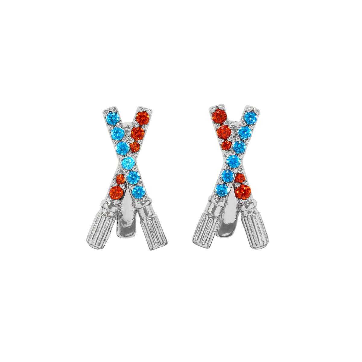 Pair of silver-tone stud earrings featuring crossed lightsaber-inspired motifs accented with alternating blue and red crystals, shown on a plain background.