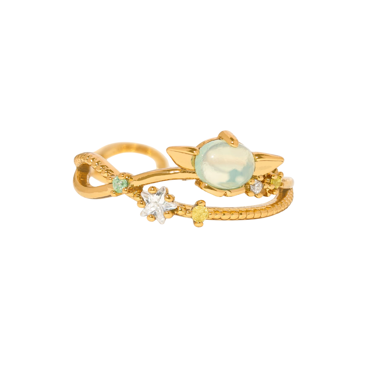 Gold-tone adjustable Grogu Galaxy ring featuring a luminous oval centerpiece surrounded by planetary and star-inspired details, accented with multicolored crystals and metallic star motifs, shown on a plain background.