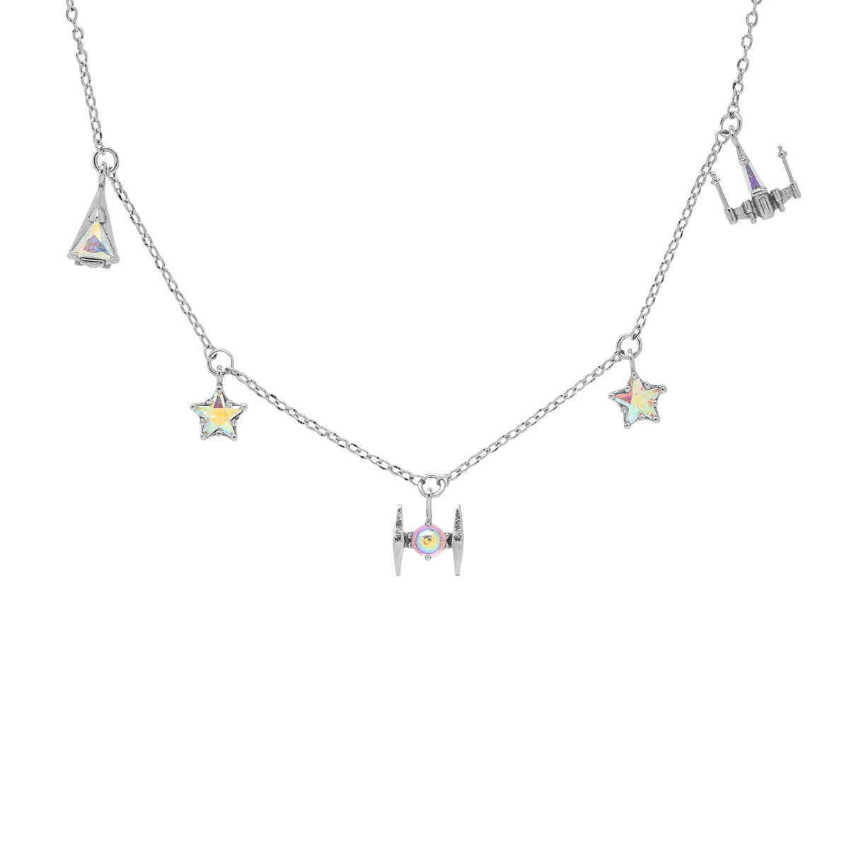 Silver-tone Starfighter Charm Necklace featuring a delicate chain adorned with iridescent star and crystal charms, a central starfighter-inspired pendant, and additional celestial accents, shown on a plain background.