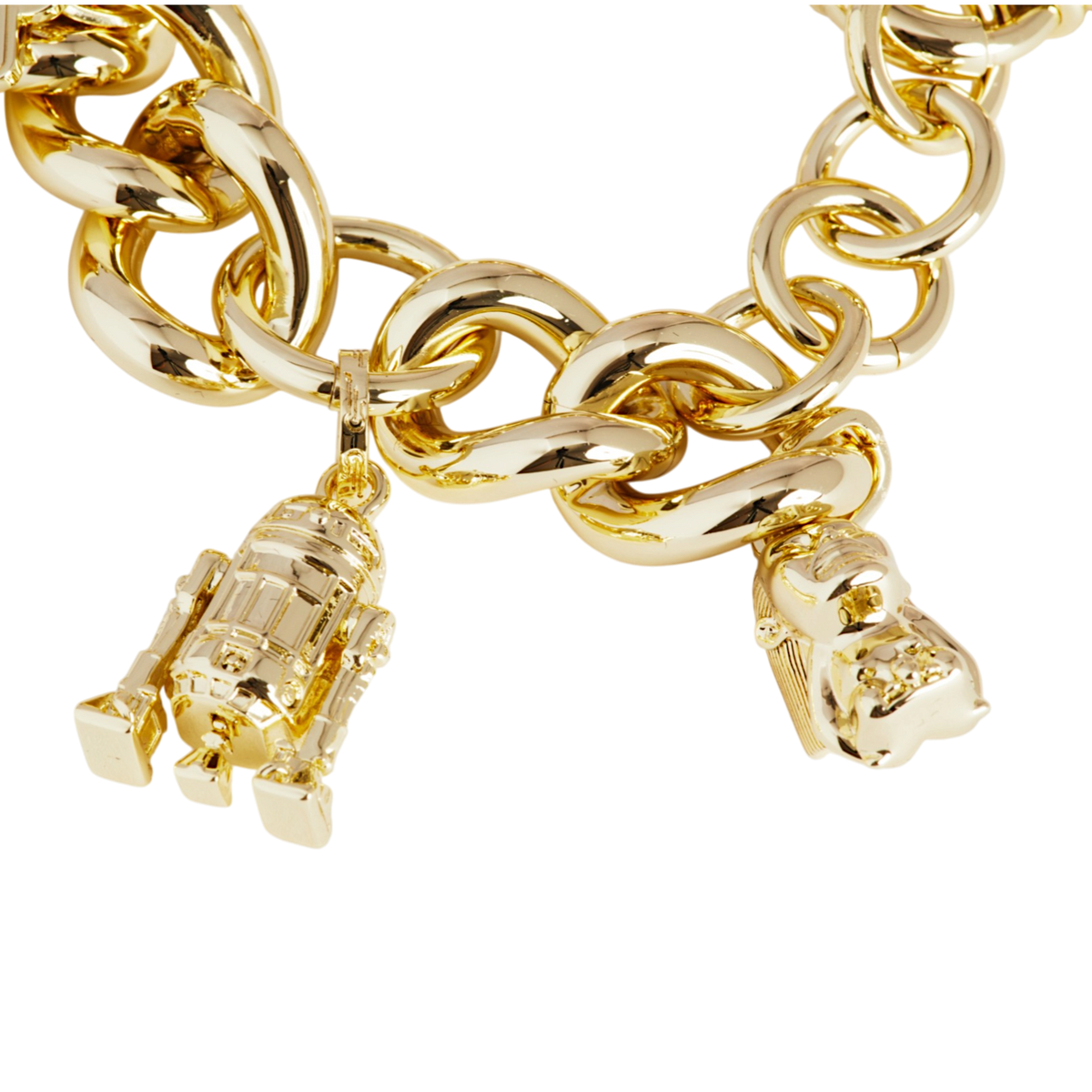 Gold-plated brass, chunky curb-link chain with six sculpted charms: Fertility Idol, engraved stone tablet, R2-D2, Howard the Duck, C-3PO, and Death Star.