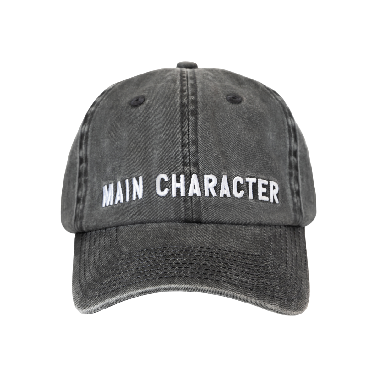 A dark gray washed baseball hat with Main Charatcher embroidered in white across the front, shown against a plain white background.