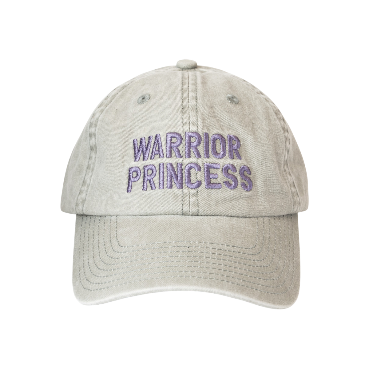 Light gray washed cotton baseball cap featuring “Warrior Princess” embroidered in purple on the front, shown against a white background.