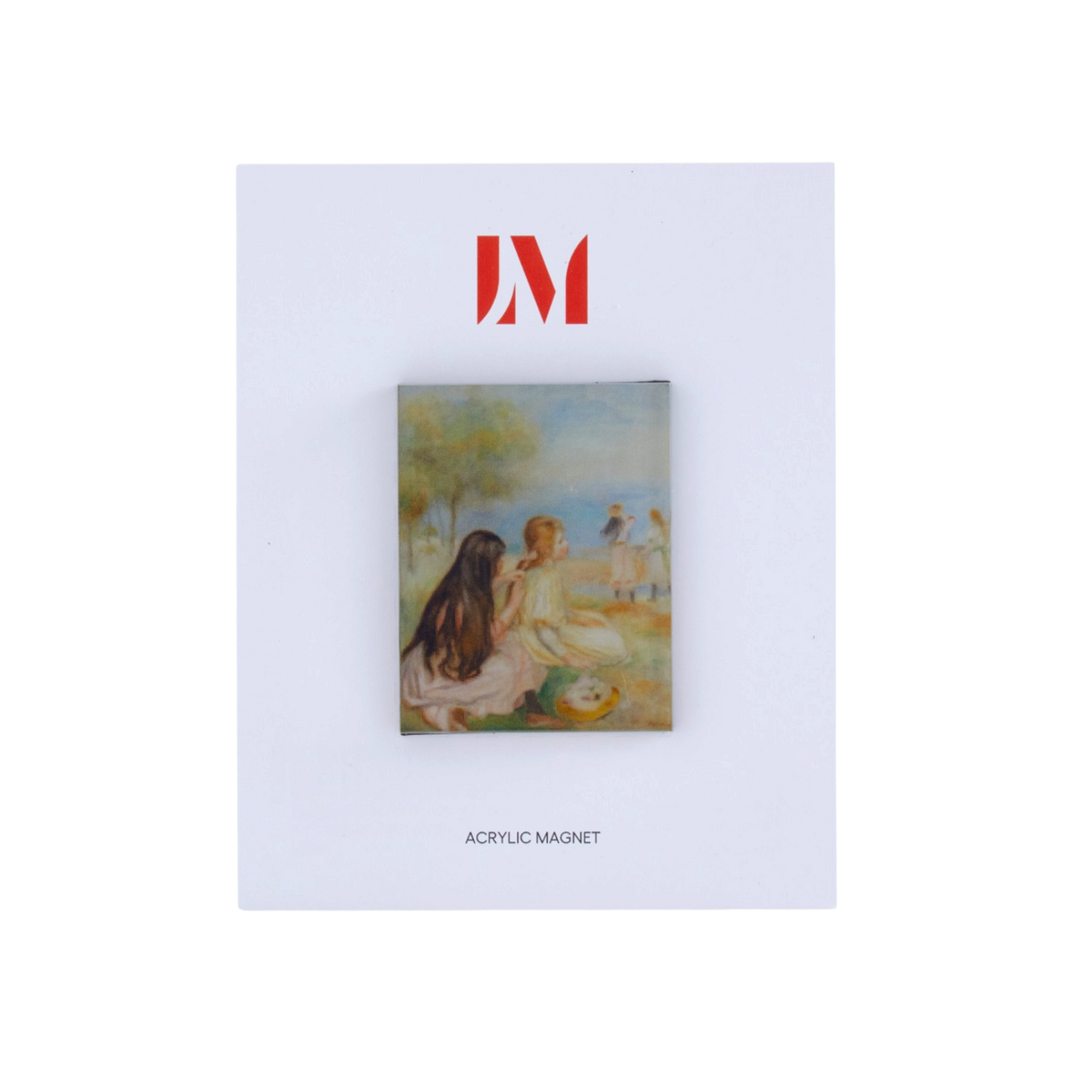 Clear 1/4-in acrylic magnet featuring Pierre-Auguste Renoir, Children by the Sea. Measures 2.75 in W × 2.15 in H, with full-color artwork on the front, credits printed on the reverse and magnetic backing.