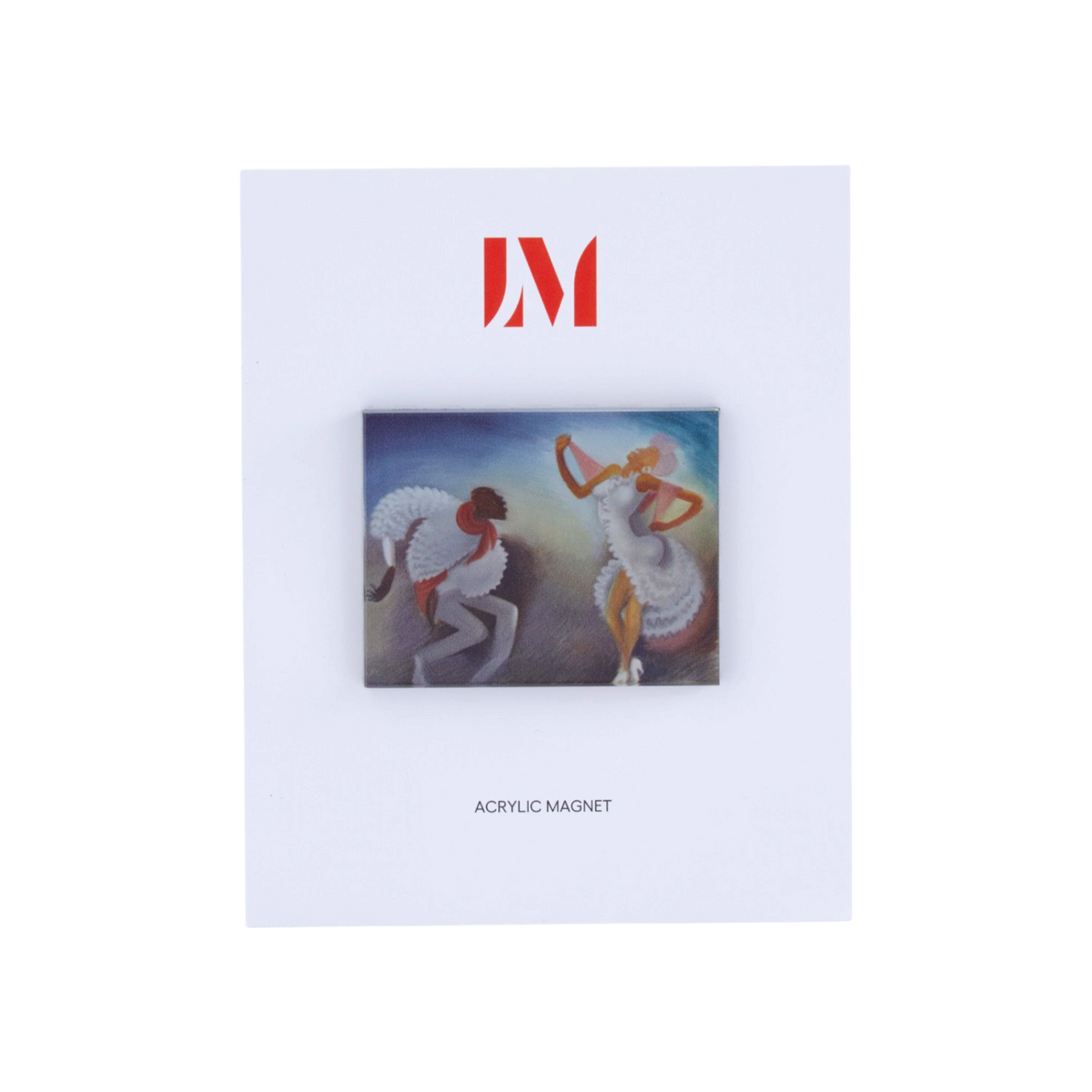 Clear 1/4-in acrylic magnet featuring Miguel Covarrubias, Rumba. Measures 2.75 in W × 2.15 in H, with full-color artwork on the front, credits printed on the reverse and magnetic backing.