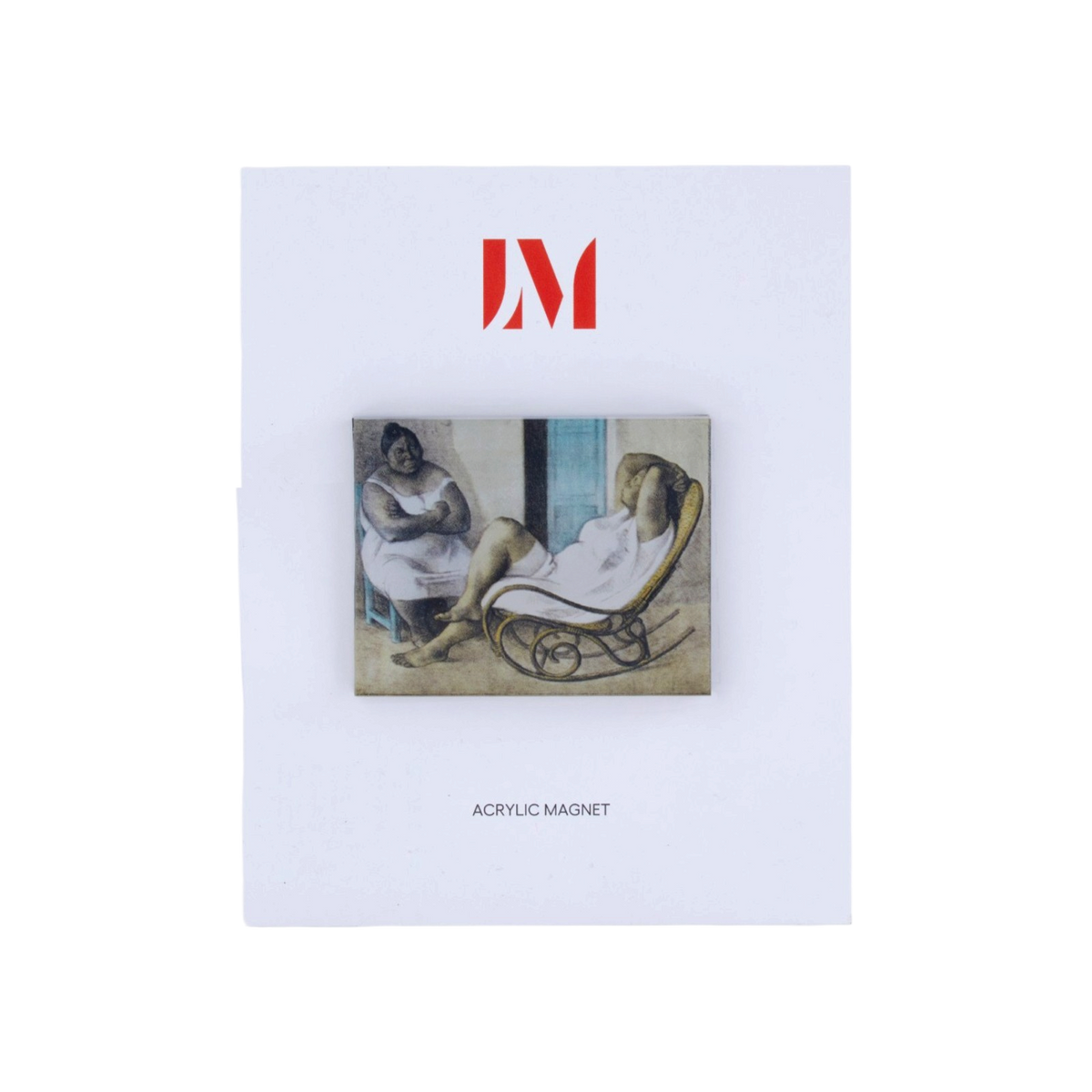 Clear 1/4-in acrylic magnet featuring Francisco Zúñiga, The Rocking Chair. Measures 2.75 in W × 2.15 in H, with full-color artwork on the front, credits printed on the reverse and magnetic backing.