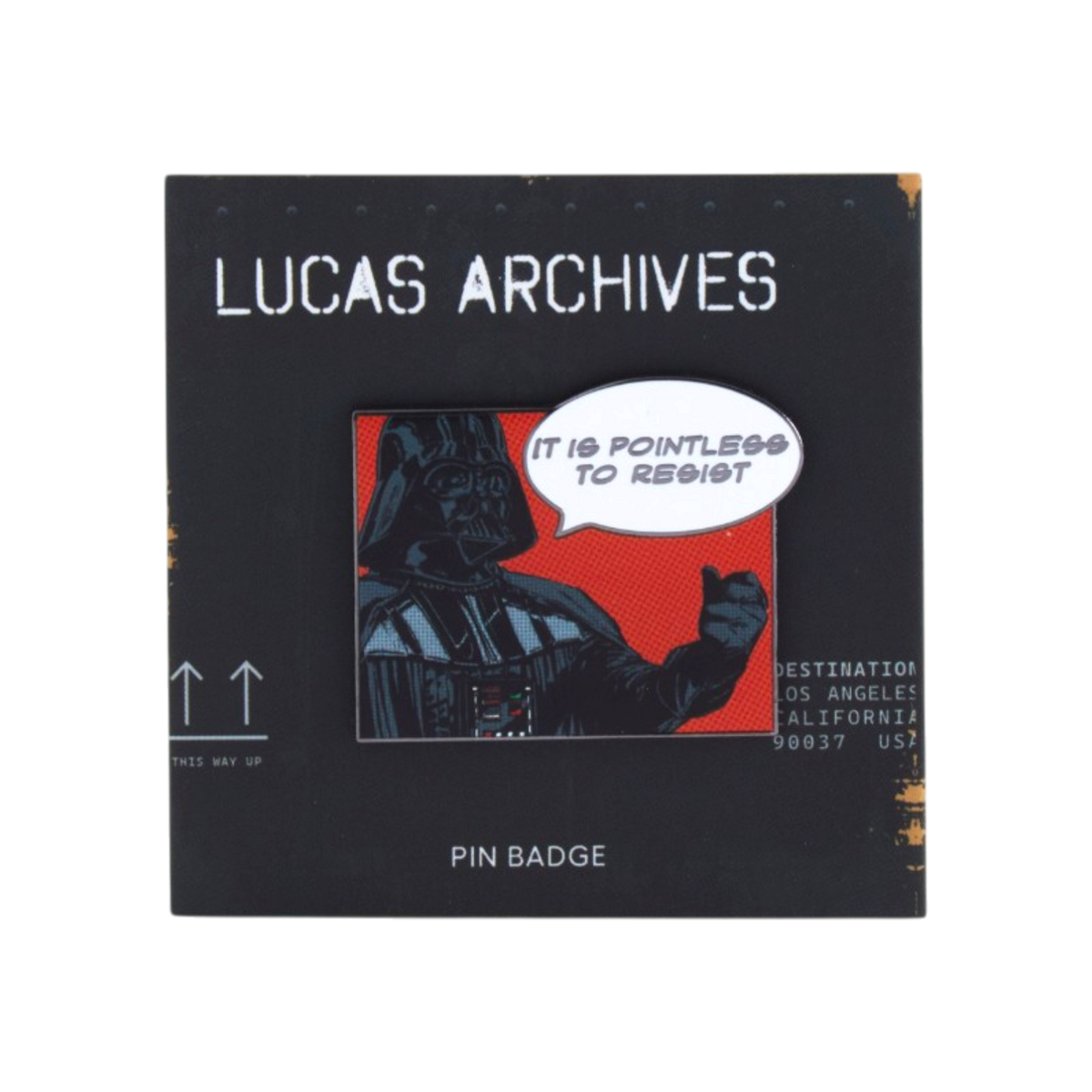 1.5-inch black nickel hard enamel pin with UV-printed Darth Vader comic artwork.