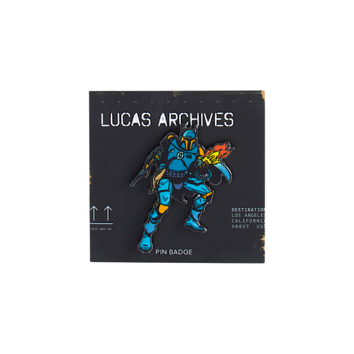 A Lucas Archives pin badge featuring Boba Fett with a flame effect, mounted on a black backing card with white text.