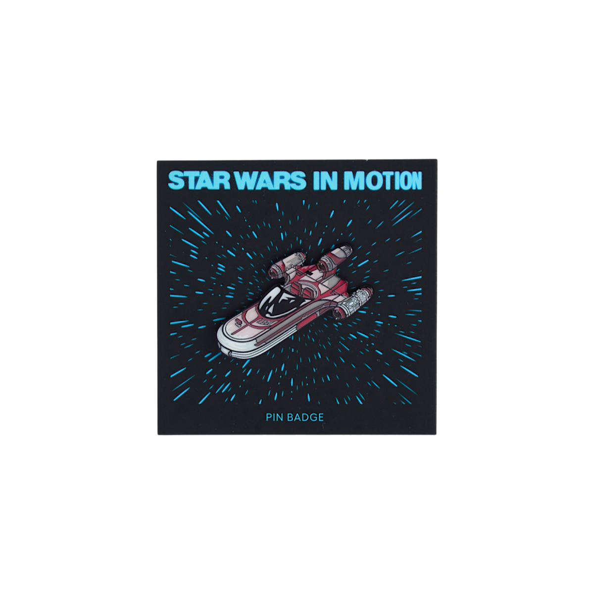 A square pin badge featuring an illustration of Luke Skywalker's X-34 with the text 'STAR WARS IN MOTION' at the top and 'PIN BADGE' at the bottom. The badge shows a red and white spaceship flying over a blue starburst pattern on a dark background.