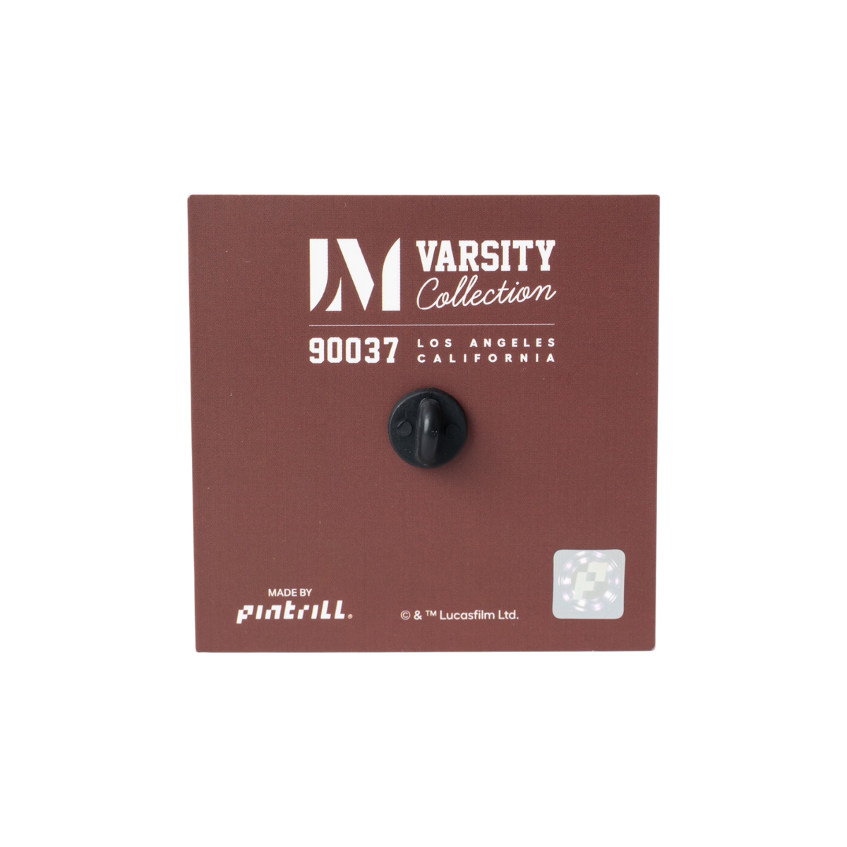 A maroon backing card, featuring white printed text, indicating Lucas Museum of Narrative Art Varsity Collection.