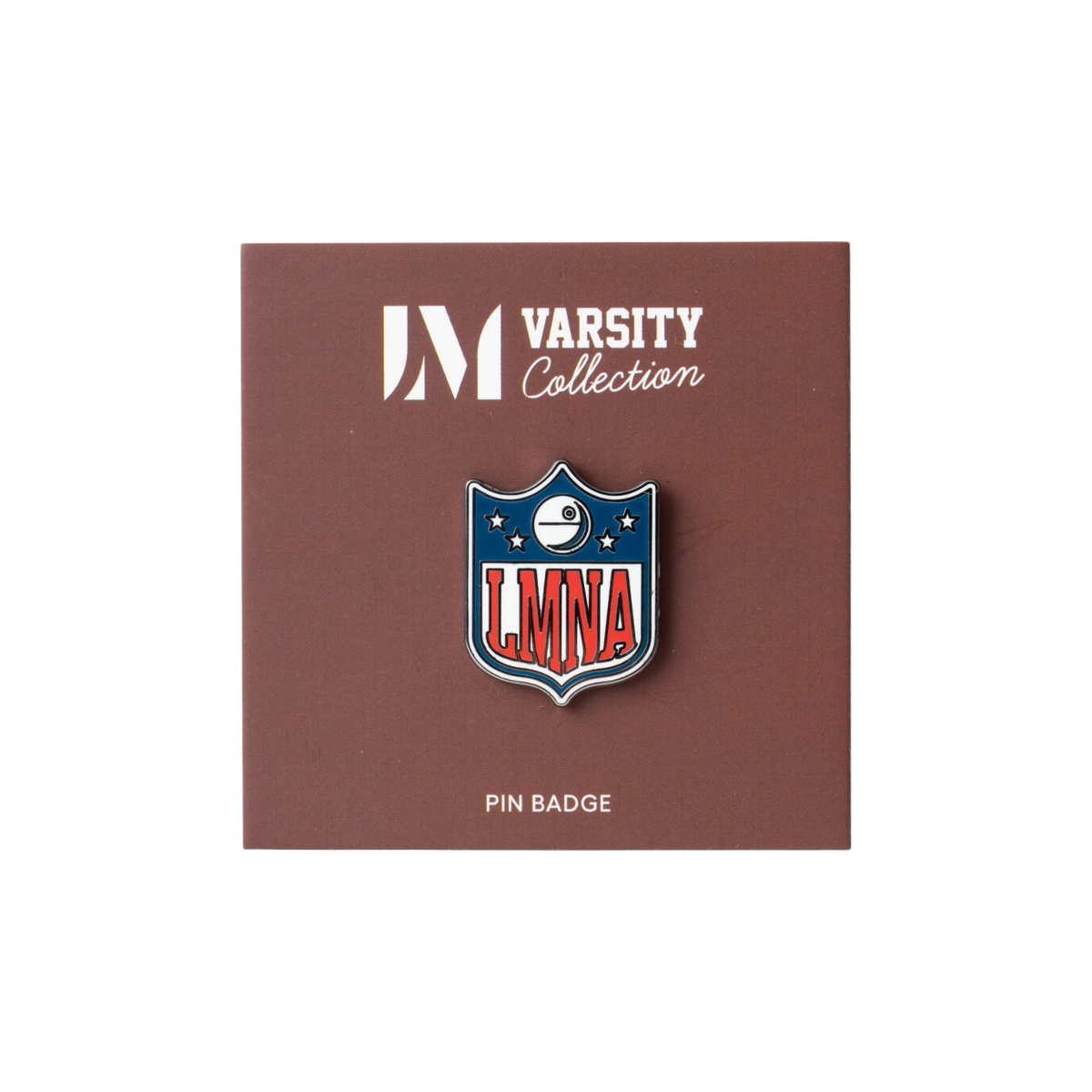 A LMNA varsity pin badge from the Lucas Museum Varsity Collection, displayed on a maroon backing card against a white background.