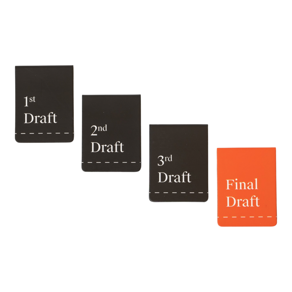 Four rectangular page markers on a white background, labeled 1st Draft, 2nd Draft, 3rd Draft, and Final Draft. Three cards are black with white text, and one card is orange with white text.