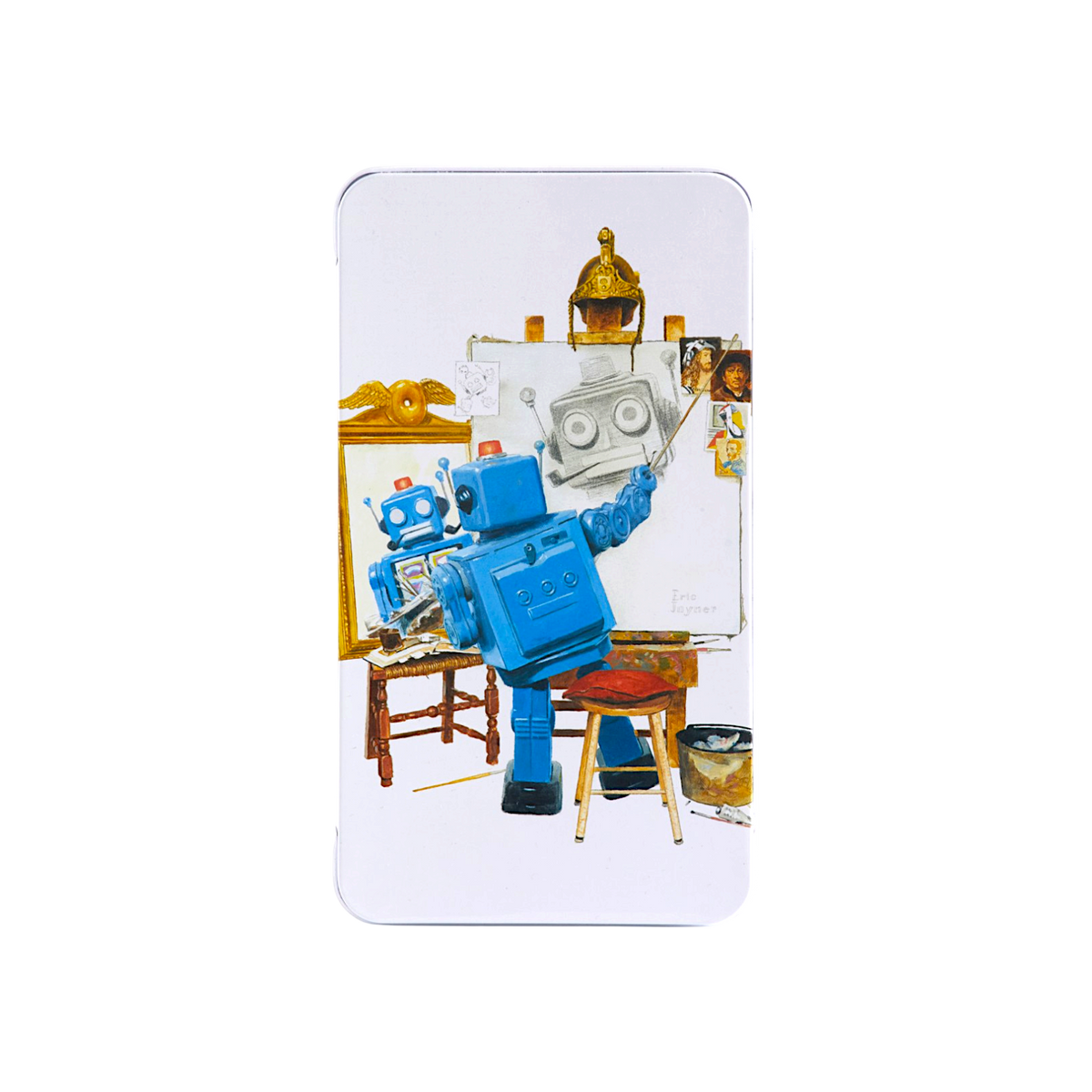 A white pencil case featuring a colorful retro collage print of blue robots, an easel, a paintbrush, and a small gold helmet, shown on a plain white background.