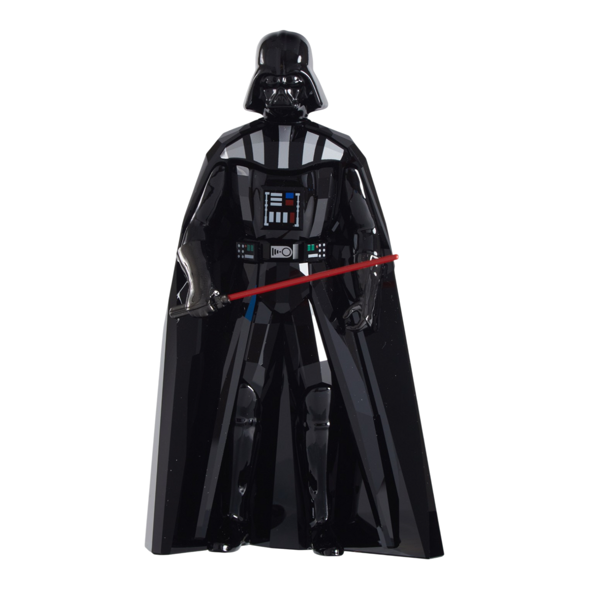 A glossy black Darth Vader collectible figure holding a red lightsaber, isolated on a solid white background.
