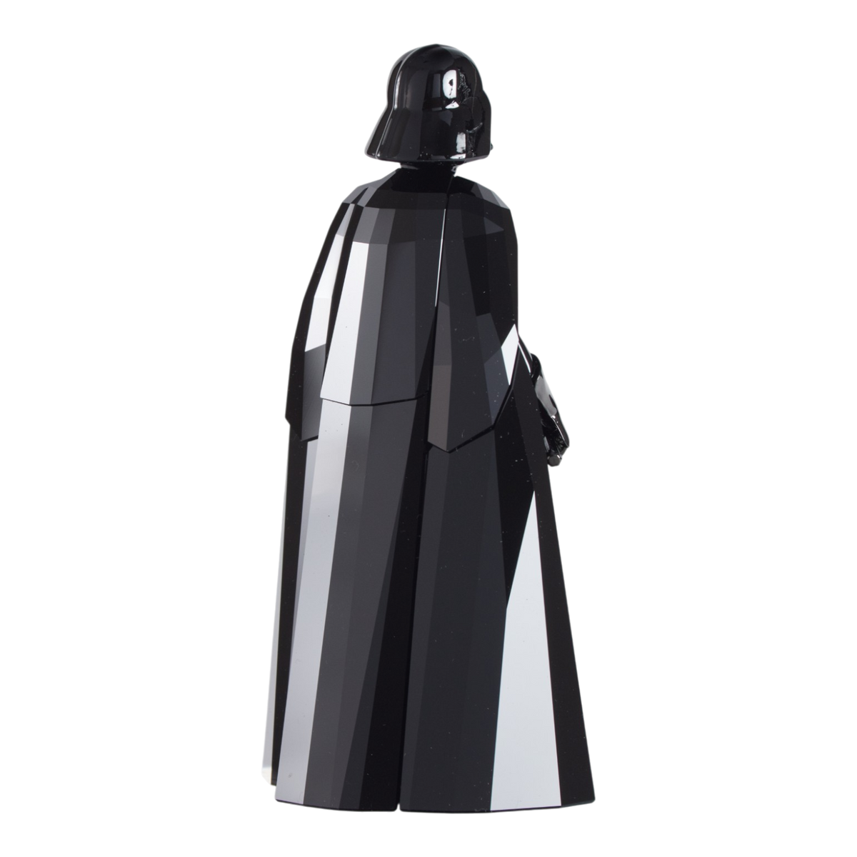 A glossy black Darth Vader collectible figure holding a red lightsaber, isolated on a solid white background.