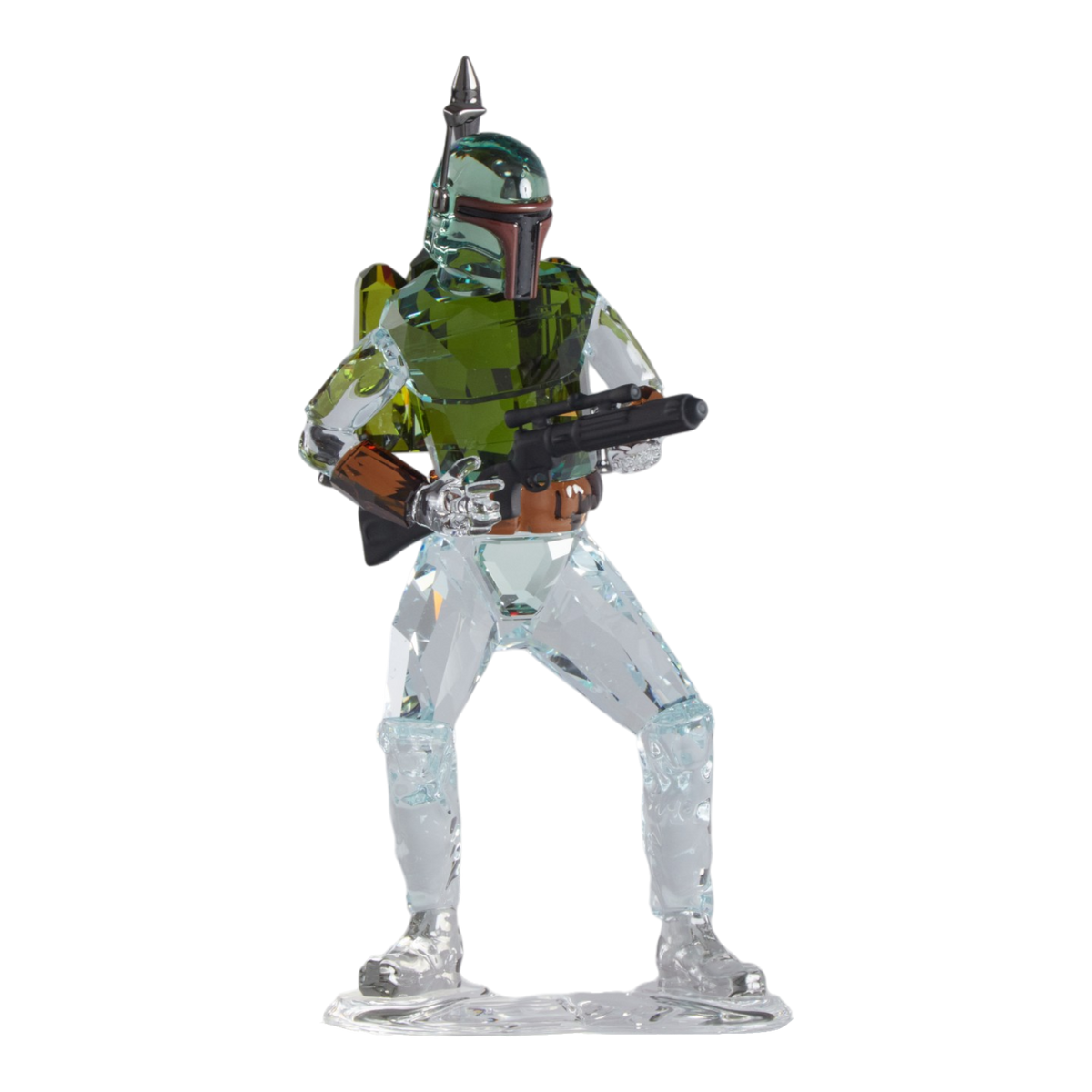 A clear faceted Swarovski crystal figurine of Boba Fett, holding a blaster, standing on a transparent base against a plain white background.