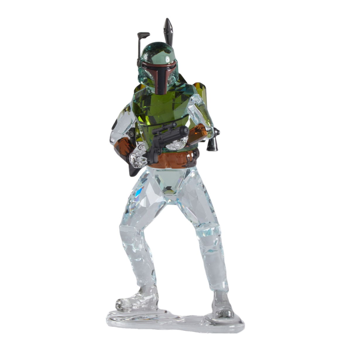 A clear faceted Swarovski crystal figurine of Boba Fett, holding a blaster, standing on a transparent base against a plain white background.