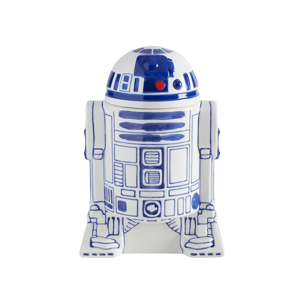 A ceramic R2-D2 droid cookie jar in white and blue, featuring detailed paneling and a small red accent on the dome, isolated on a white background.