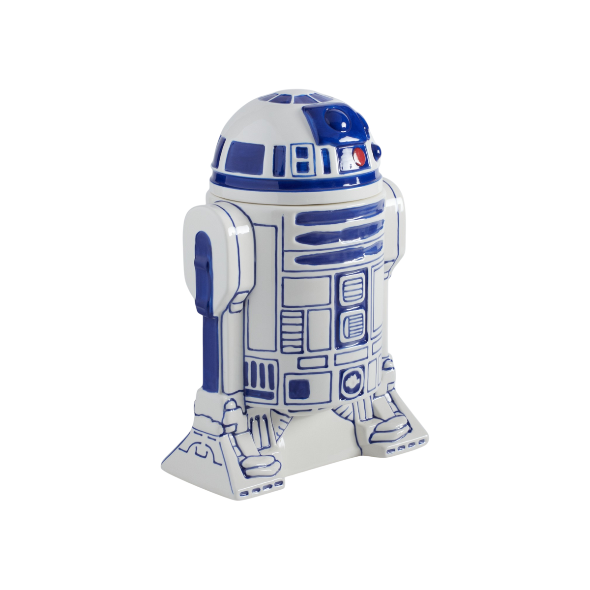 A ceramic R2-D2 droid cookie jar in white and blue, featuring detailed paneling and a small red eye accent, isolated on a white background.