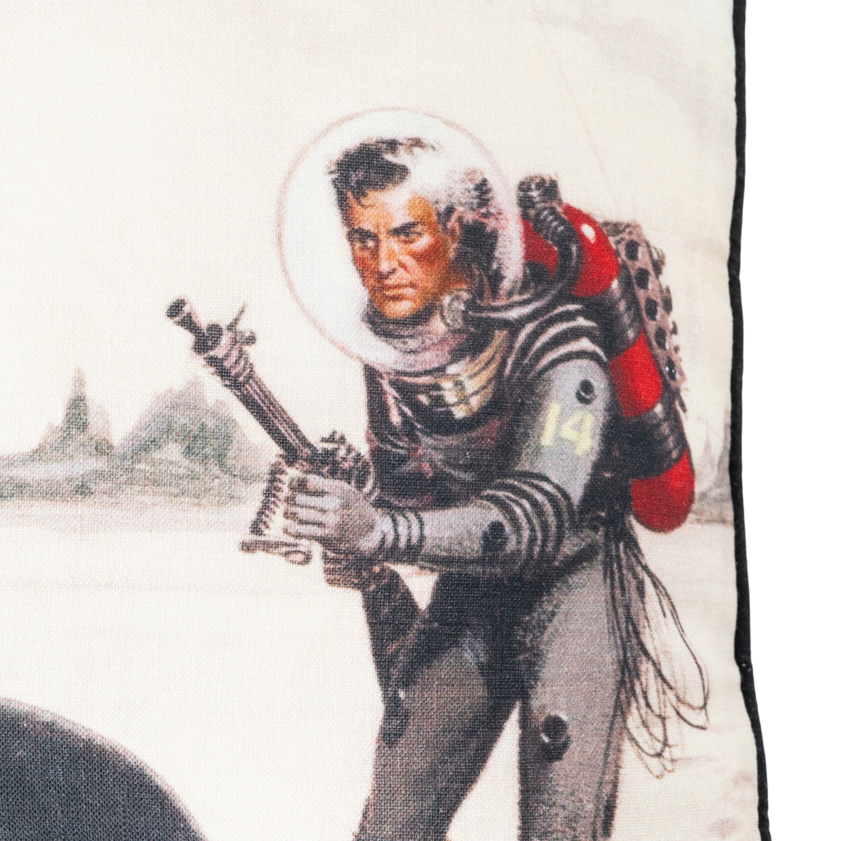 18" x 18" 100% linen cushion cover featuring the cover artwork for The Snows of Ganymede by Ed Valigursky (1958), shown on a plain background.