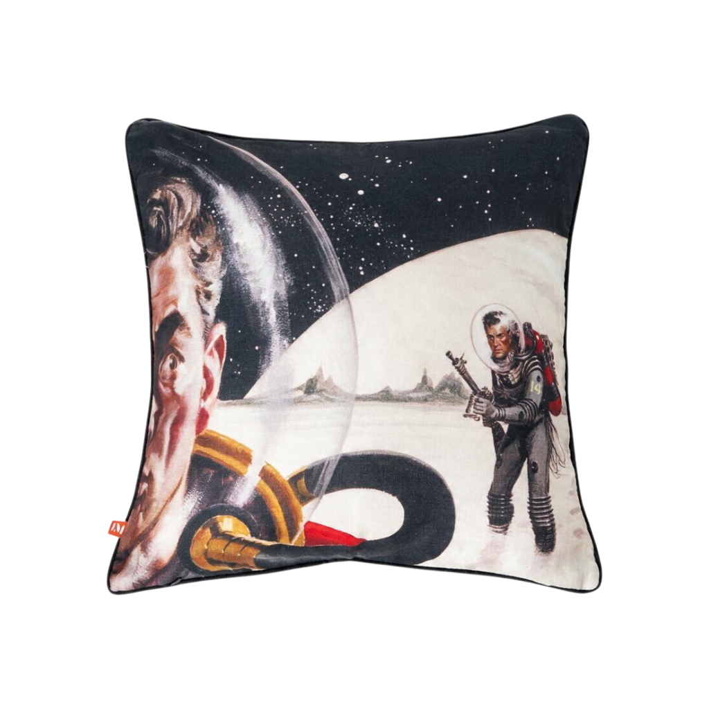 18" x 18" 100% linen cushion cover featuring the cover artwork for The Snows of Ganymede by Ed Valigursky (1958), shown on a plain background.