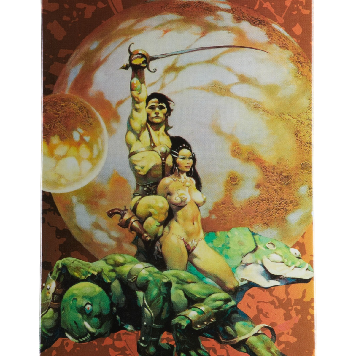 A skateboard deck featuring Frank Frazetta Princess of Mars, with a retro sci-fi illustration with a green alien, a princess and a warrior on a red-orange background.